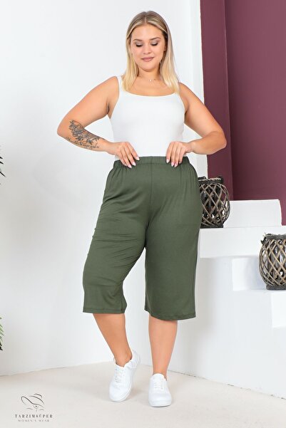 tarzımsüper Women's Large Size Elastic Waist Comfort Model with Pockets Comfortable Fit Lycra Cotton Wide Leg Capri