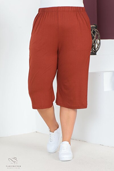 tarzımsüper Women's Large Size Elastic Waist Comfort Model with Pockets Comfortable Fit Lycra Cotton Wide Leg Capri