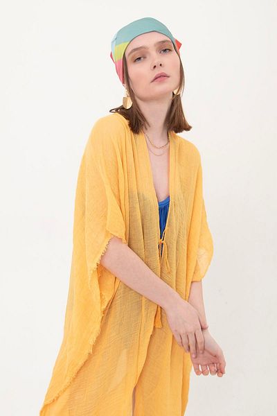 laughs Mustard Cotton Long Kimono Pareo - Tied, Pr11200