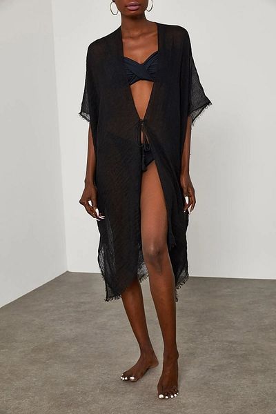 laughs Kimono Pareo din Bumbac Negru - Rochie de Plaja Tie-Up Km11200