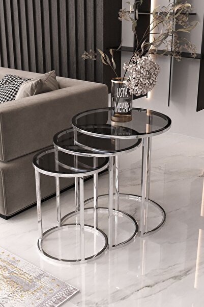 usta mekan Usta Gümüş Metal Füme Cam 3 lü Zigon Sehpa