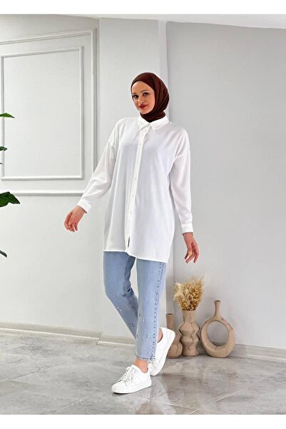 Cardella White Buttoned Camellia Shirt Tunic