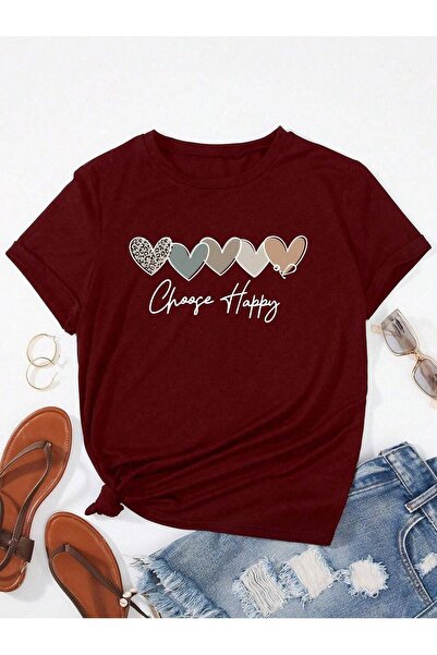 Women's Burgundy Chose Happy Printed Oversize T-Shirt
