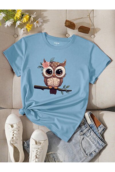 PALPİTO Women's Baby Blue Owl Printed Oversize T-Shirt