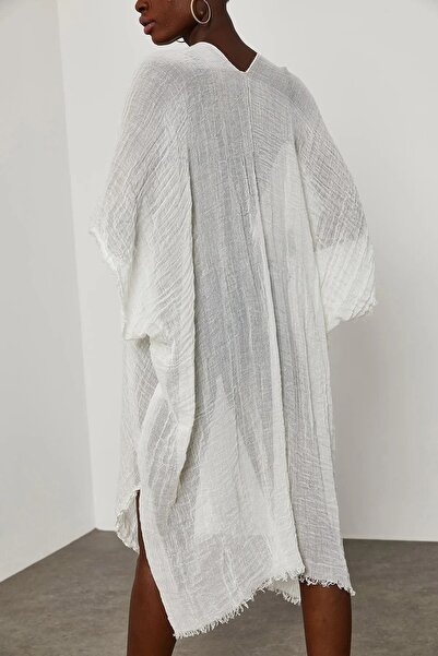 laughs Kadın Beyaz Bağlamalı Pamuklu Kimono Pareo Plaj Elbisesi Km11200
