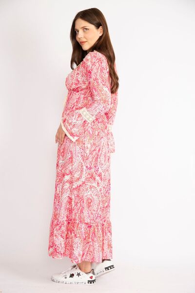 Şans Színes női nagyméretű gallér és ujjú csipke részletes hosszú ruha 65n36257