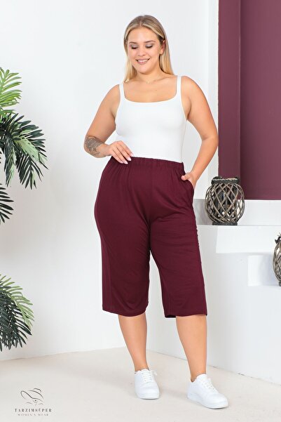 tarzımsüper Women's Large Size Elastic Waist Comfort Model with Pockets Comfortable Fit Lycra Cotton Wide Leg Capri