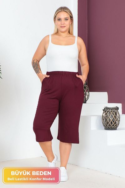 tarzımsüper Women's Large Size Elastic Waist Comfort Model with Pockets Comfortable Fit Lycra Cotton Wide Leg Capri