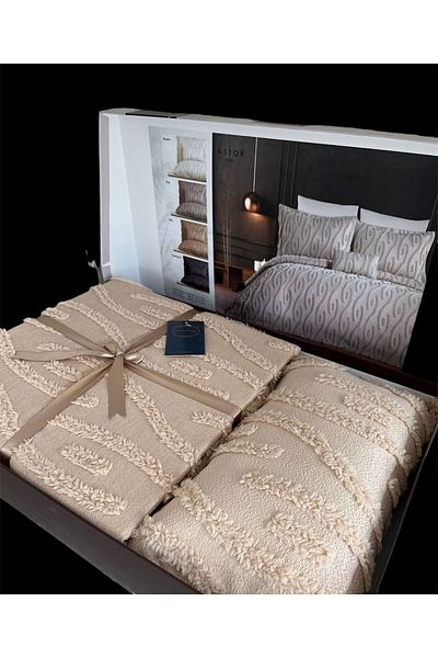 Butikhome by Egemar Astor Beige Bedspread Set - Tassel Pattern, Chenille Embossed, Simple and Modern Luxury 4 Pieces Boxed