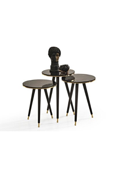 İnegöl Sehpa Siyah Mermer Desenli Ahşap Ayaklı Altın Kenarlı Üçlü Zigon Sehpa