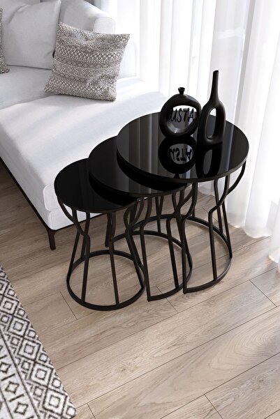 usta mekan C Kum Saati 3'lü Zigon Sehpa Takımı Siyah Ayak - Siyah Cam