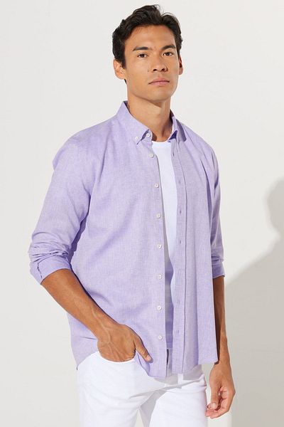 AC&Co / Altınyıldız Classics Lila Slim Fit Dobby-Hemd aus Leinen – Slim Fit, geknöpfter Kragen