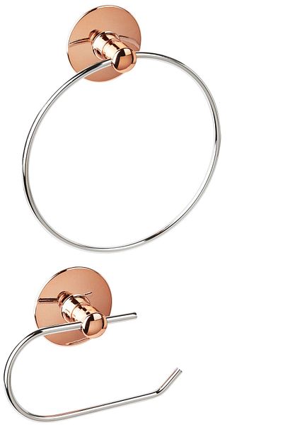 Lucena Rose Chrome Adhesive Double Bathroom Accessory Set - Round Towel Holder - Toilet Paper Holder