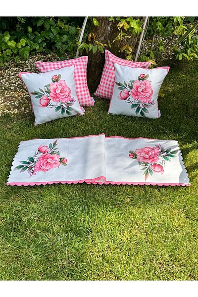 lamoonhome Pink Rose & Plaid Pillow Case Set of 4