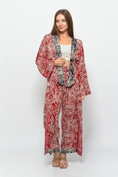 Nuseel Patterned Pareo Pants & Crop Kimono Red-Cream