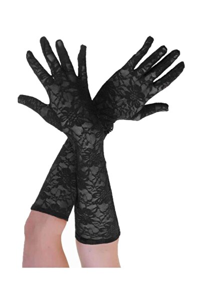 EREN STYLE Dantel Likralı Siyah Eldiven- 48 Cm