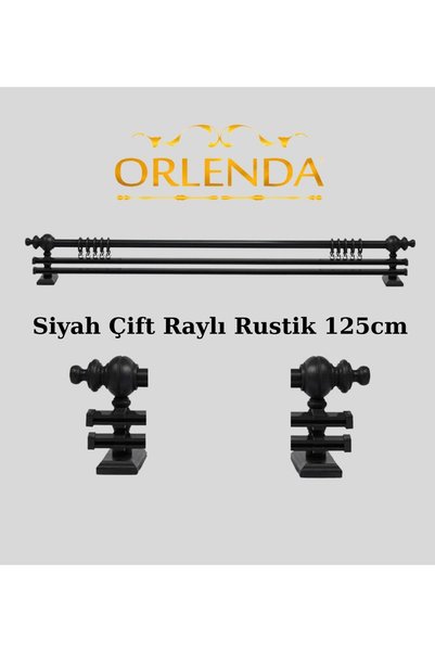 Orlenda Siyah Ahşap Başlıklı Alminyum Boru Rustik Perde Askısı Çift Raylı 125 Cm