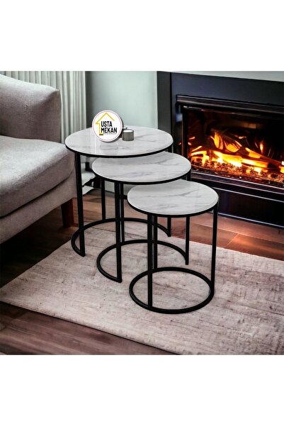 usta mekan Siyah Metal Beyaz Mermer Desenli Mdf Tabla Zigon Sehpa