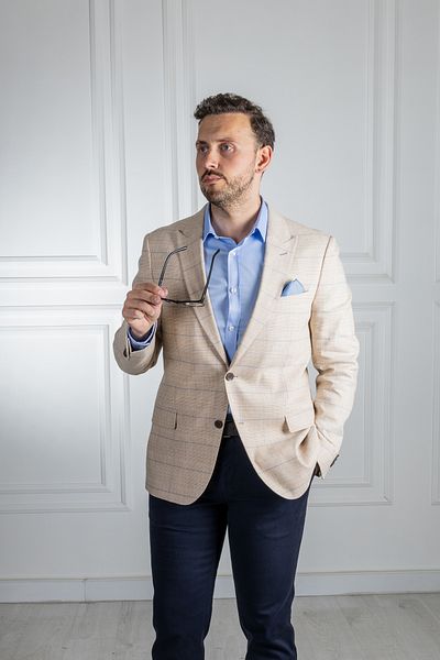Sarar Interview Wraps Amara Swallow Collar Slim Fit Checkered Beige Jacket