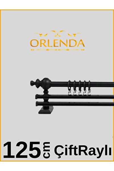 Orlenda Siyah Ahşap Başlıklı Alminyum Boru Rustik Perde Askısı Çift Raylı 125 Cm