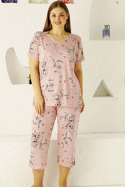 ALİMER Pink Floral Patterned V-Neck Large Size Bermuda Pajamas Set - EDY2704B-PMB