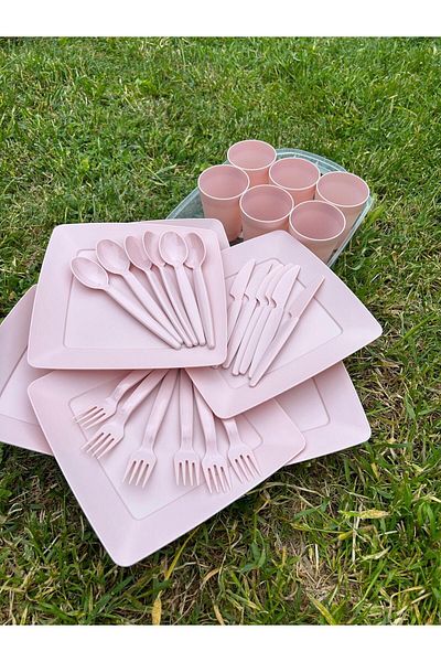 UZUN STORE 6-Person Picnic Set - 32 Pieces Cup, Fork and Spoon Knife Plate - Pink