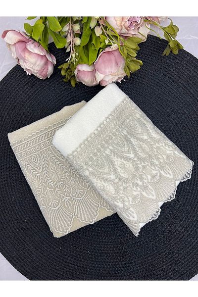 Çeyiz Bahçesi Ahenk French Lace Velvet Hand and Face Towel Set of 2 50/90cm