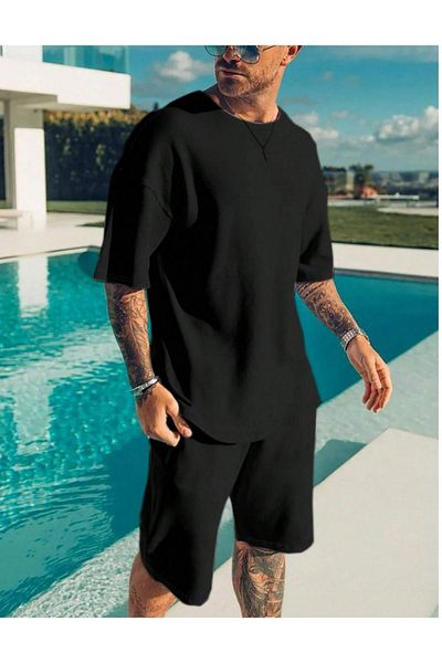 BETİLİNA Unisex Black Unprinted Shorts and T-shirt Set
