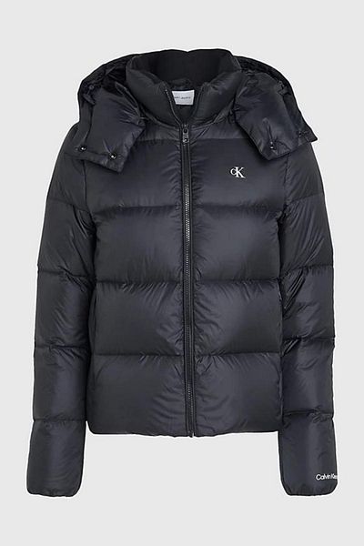 Calvin Klein Women's Regular Cut Stand Up Collar Removable Hooded Goose Down S with Brand Logo on Chest and Cuff