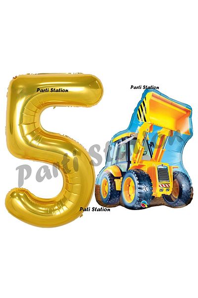 Parti Station Construction Concept for 5 Year Old Birthday - Gold Number and Scoop Balloon Set