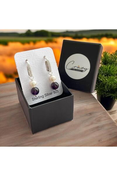 CRAZY TAKI TASARIM Hakiki Ametist&kültür Incisi 925 Ayar Gümüş Küpe