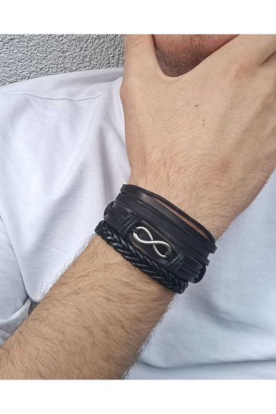 BSN 3 Piece Genuine Leather Bracelet with Infinity Figure