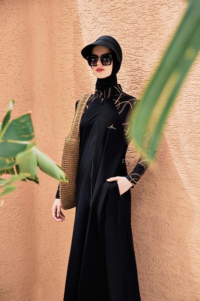 Haşema Full Size Sleeve Patterned Black Jelly 5 Piece Hijab Swimsuit Set 3098