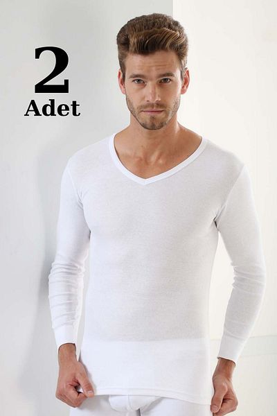 marmara qumasch Men's V-Neck White T-shirt - Pack of 2, Long Sleeve, 100% Cotton Rib