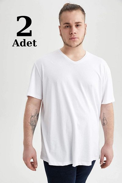 marmara qumasch White V-Neck 100% Cotton Men's T-Shirt - Plus Size Economic Pack of 2
