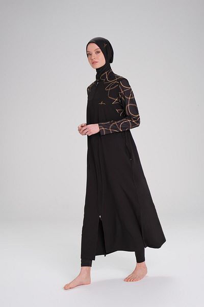 Haşema Full Size Sleeve Patterned Black Jelly 5 Piece Hijab Swimsuit Set 3098