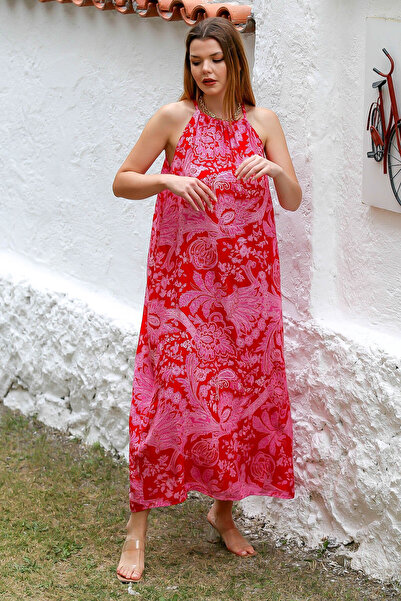 Chiccy Violet Patterned Red Long Fit Casual Dress - Halter Strap