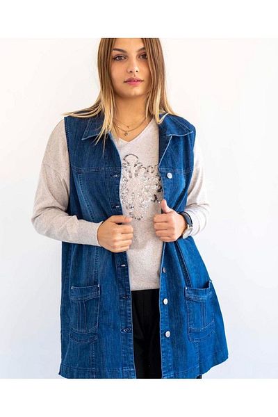 AKŞEN GİYİM Large Size Lycra 100% Cotton Two Pockets Metal Buttons 75 cm Length Denim Jean Vest