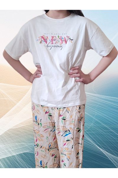 CİCHLİD Girl's Ecru Set - Crew Neck T-Shirt and Trousers