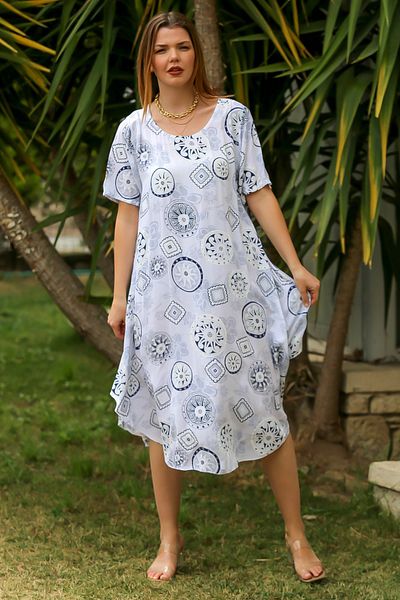 Chiccy Λευκή Οβάλ Φούστα με λαιμόκοψη V - Φόρεμα Casual με στάμπα