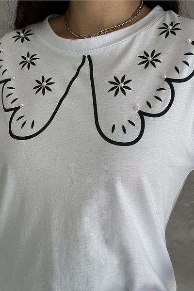 FEMELLE Tricou alb din bumbac - damă, împânzit cu pietre perle