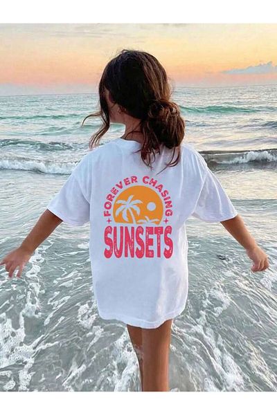 MORNİNG KİDS Fata - Tricou din bumbac pieptănat alb cu imprimeu Sunsets