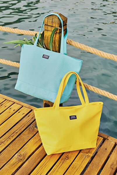 Haşema Dokulu Fermuarlı Plaj Çantası Sarı