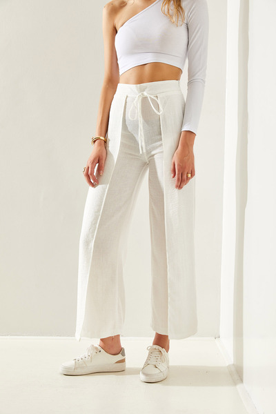 Bianco Lucci Kadın Müslin Keten Bel Bağlamalı Tasarım Pantolon 60251283