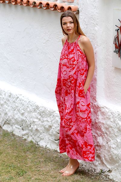 Chiccy Violet Patterned Red Long Fit Casual Dress - Halter Strap