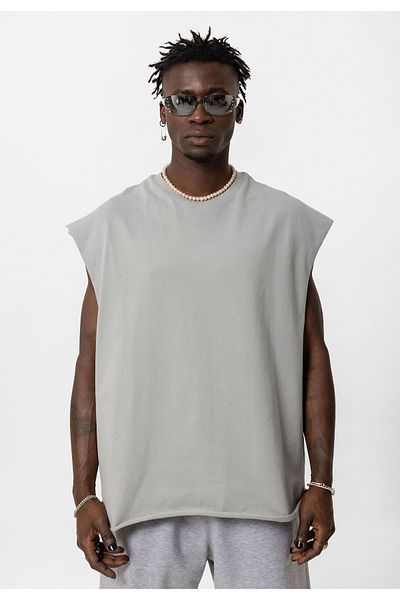 VAMOSCLO Printed Basic Oversize Sleeveless T-Shirt - Gray