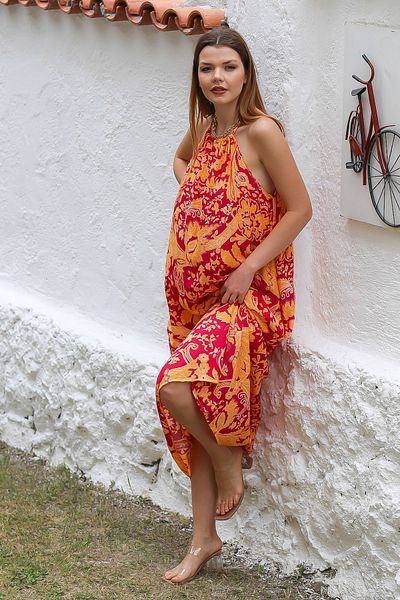 Chiccy Red Coral - Long Fit Casual Dress with Straps and Allover Print
