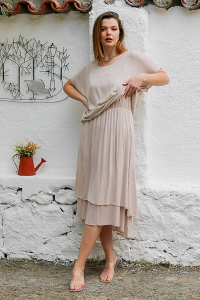 Chiccy Φόρεμα Camel Color Double Layer Boat Neck με χαμηλό μανίκι