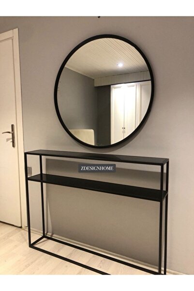 zdesignhome 120 cm Siyah Metal Dresuar + 90 cm Yuvarlak Ayna – Şık ve Fonksiyonel