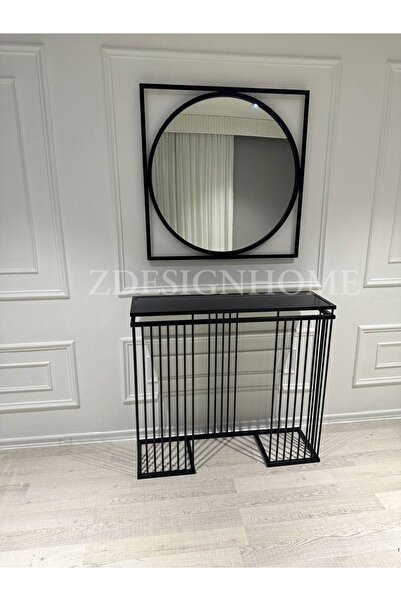 zdesignhome 85 cm Yuvarlak Ayna & 100x30x90 cm Metal Dresuar Takımı – Siyah C...